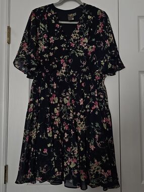 Taylor Blue Floral Midi Dress with Pink and Green Accents
